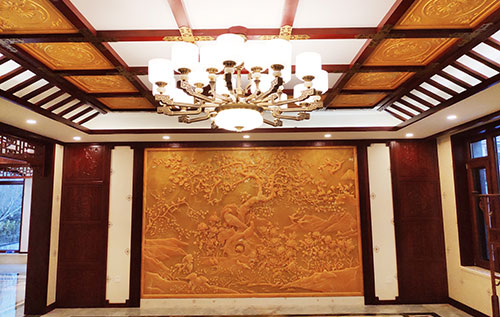 晴隆中式别墅客厅中式木作横梁吊顶装饰展示